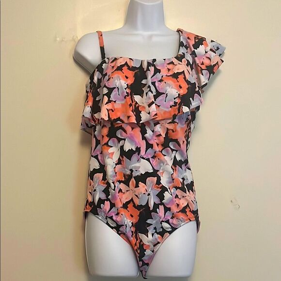 Time and Tru one shoulder ruffle floral swimsuit size large - Picture 3 of 9